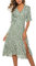 Masrin Damen A-Linie Kleid Sommer Flare Ärmel V-Ausschnitt Skaterkleid Mit Schärpen Lässiger Blumendruck Schlitz Knielanges Kleid Urlaub Strandkleid Partykleid