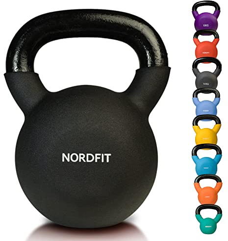 Nordfit Neoprene Coated Cast Iron Kettlebell Weights - Kettle Bells (4kg, 6kg, 8kg, 10kg, 12kg, 14kg, 16kg, 18kg, 20kg) - Home Gym, Fitness, Exercise, Cardio Strength Training and Weight Lifting