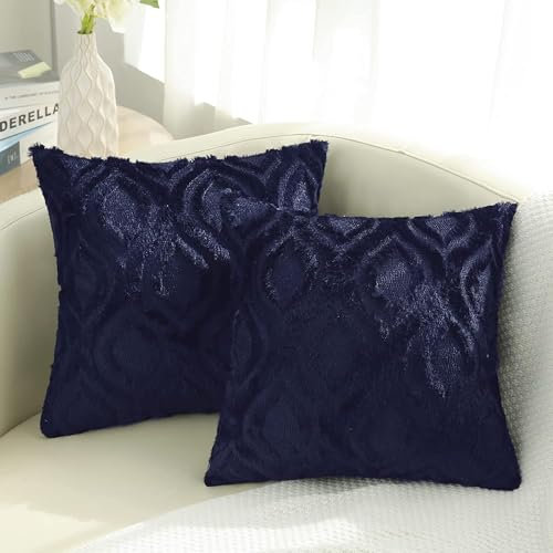 decorUhome 2er Set Kunstfell Kissenbezüge 40x40 cm Dekorative Weich Plüsch Flauschig Samt Kissenhülle 40x40 cm Quadratisch Boho Neutral Kissenbezug für Sofa Navy