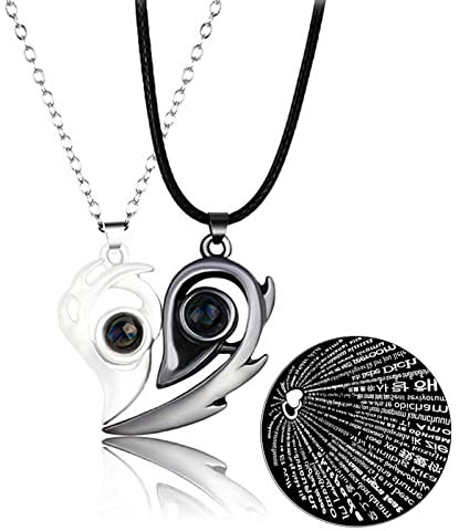 Magnetic Matching Necklaces for Couples, 100 Languages I Love You Projection Necklace Love Heart Pendant Necklace Romantic Gifts for Boyfriends Girlfriend, Valentine's Day Anniversary, Silver & Black