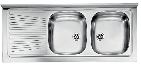 Yellowshop - Lavello appoggio inox piano sx 2 vasche dx cm 120x50 con sifone e piletta Mondial