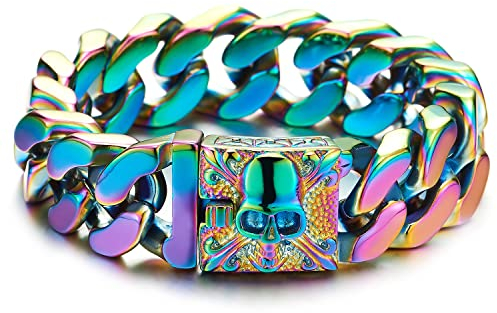 COOLSTEELANDBEYOND Großes Regenbogen Bunte Edelstahl Panzerkette Armband Herren mit Fleur de Lis und Schädel, Poliert