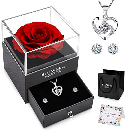 Rosa Eterna Stabilizzata Vera Rojo Rosa Reale Conservata Eterna con Orecchini Collana in Argento Rosa Eterna Rossa Regali Natale Originali per lei idee regalo natale donna mamma nonna amica coppia