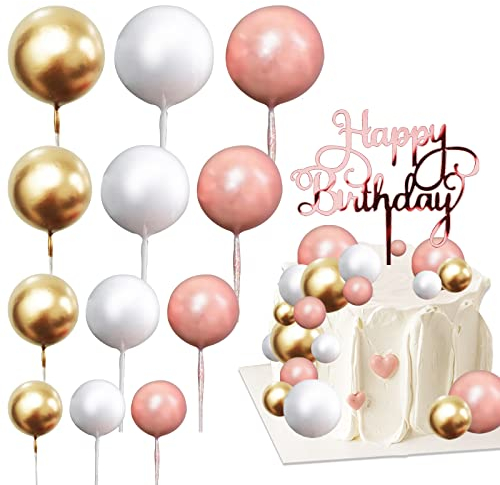43 Stück Tortendeko Kugeln, Schaumkugeln Cupcake Topper, Happy Birthday Tortendeko Mädchen, für Tortendeko Geburtstag Hochzeit Hochzeitstag Babyparty(Roségold/Weiß/Gold)