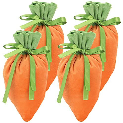 NOLITOY 4 Stück Ostertüte Candy Tüten, Ostern Karotte Kekstüten, Karotte Samt Säckchen für Bonbon Plätzchen, Osterbeutel zum Befüllen, Osterparty Ostergeschenk für Kinder