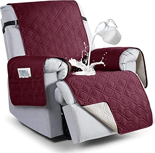 FASCINATDECO Sesselschoner für Relaxsessel Fernsehsessel 1 Sitzer Gesteppt Sesselschoner Sesselauflage Relax mit Armlehnen und Taschen Wasserdicht Sesselüberwürfe Sesselbezug (Weinrot,Groß)