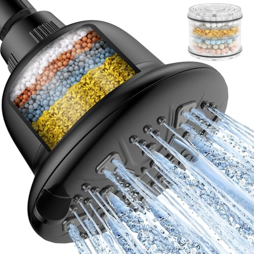 MakeFit Shower Head with Filter, High Pressure Shower Head with Filter for Hard Water, Rain Shower Head with Water Softener, 7 Luxury Settings, Adjustable Water Filter Shower Head, Matte Black