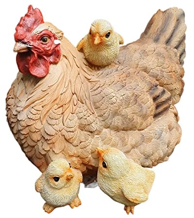 Aspinaworld Gartenfigur sitzende braune Huhn Figur mit Küken 21 cm, Figur für den Garten, wetterfeste Deko