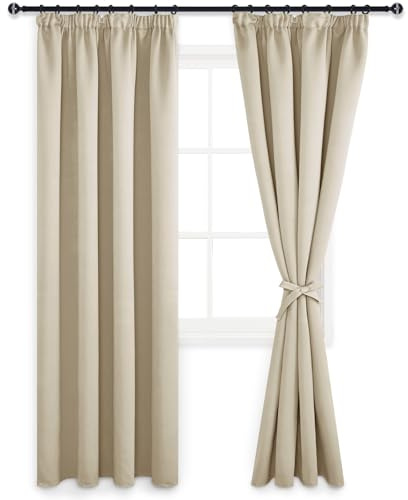 DWCN Blickdicht Vorhang Verdunkelungsvorhänge mit Kräuselband 2er Set | 225x140cm(HöhexBreite), Hell Beige, Dicke Thermovorhänge mit Vorhang-Krawatten Schallschutz Stores Gardinen Wohnzimmer