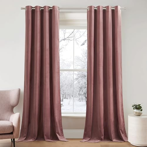 PONY DANCE Wohnzimmer Vorhänge Samt Altrosa Thermovorhang Kälteschutz Samtvorhang Rosa (Gewicht: 300g/m²) Verdunkelnde Gardinen mit Ösen 2er Set H 240 x B 132cm Velvet Curtains Blackout