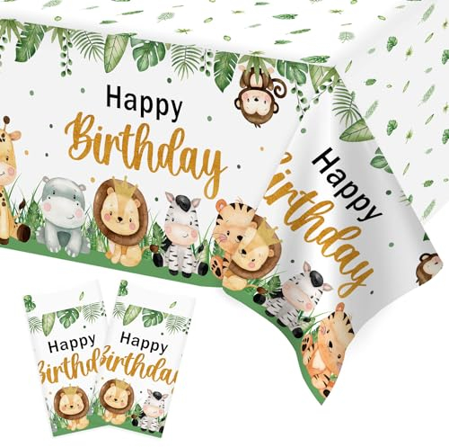 Heboland 2 Stück Tischdecke Kindergeburtstag, Dschungel Party Geburtstag Tischdecke, Happy Birthday Tischdecke für Wild One Geburtstag Deko, Safari Geburtstagsdeko Junge und Mädchen, 137 x 274cm