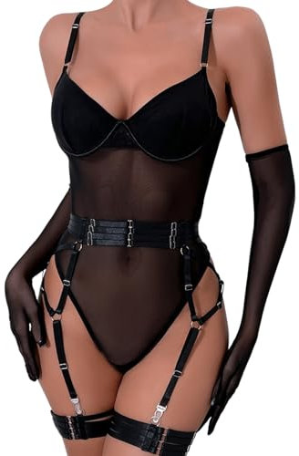 EVELIFE Women's Sexy Bodysuit Teddy Lingerie Stretchy Mesh with Removeable Garter Belt, Elegant Gloves & Thigh Straps 3PCS Set(Black S)