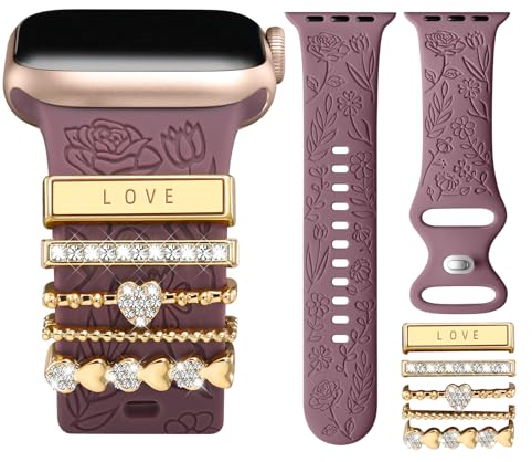 CeMiKa Correas Grabadas con Flores Compatible con Correa Apple Watch 41mm 40mm 38mm para Mujer, Correa Silicona & Charms Decorativos Apple Watch para iWatch Series 9 8 7 6 5 4 3 2 1 SE