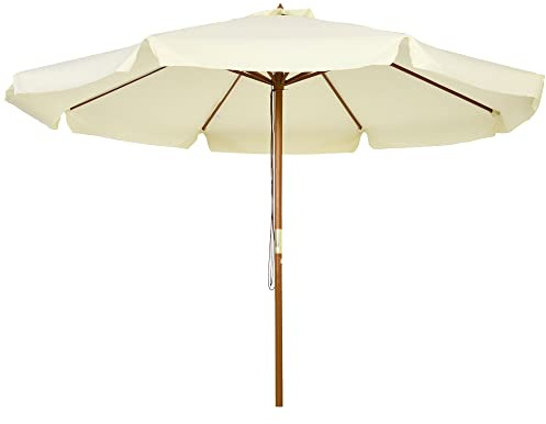 Outsunny Ombrellone da Giardino Ø3.25m con Corde, Apertura Regolabile e Prese d'Aria, Ombrellone da Esterno con 8 Stecche in Legno, Bambù e Poliestere 180g/㎡, per Cortile, Terrazza e Balcone, Beige