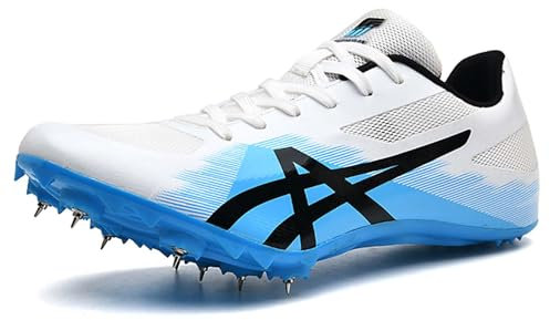 PENXZT Hombre y Mujer Zapatillas de Clavos, Calzado de Atletismo Ligero Resistente al Desgaste para Running,Salto Largo,Training,White Blue,39 EU