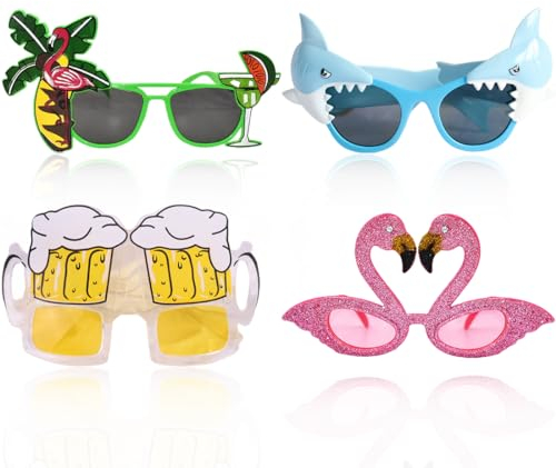 WHGHNCQ 4 Paar Party Sonnenbrillen Hawaiian Tropical Brillen Flamingo Ananas Sonnenbrille Lustige Kostüm Sonnenbrille für Sommer Kostüm Party