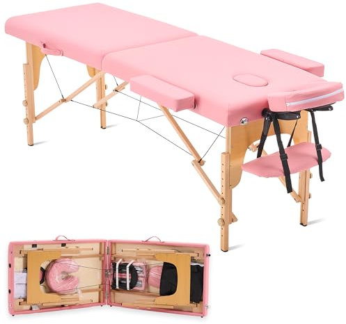 YOUNIKE Massageliege Klappbar 2 Zonen Massagetisch Spa Liege 60cm Breit Tragbare Massagebank Höhenverstellbarer Kosmetikliege mit mit Kopfstütze Armlehnen & Tasche Tattooliege Rosa