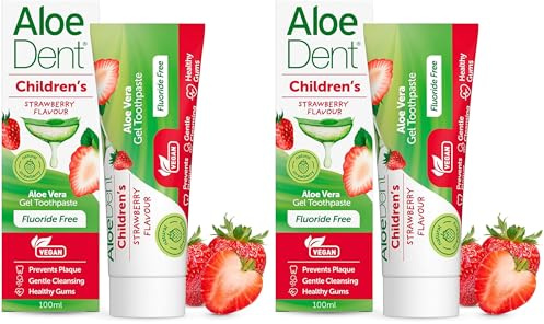 Aloe Dent Children's Aloe Vera Toothpaste Fluoride Free, Natural Action, Vegan, Cruelty Free, SLS Free, Strawberry Flavour, Healthy Gums, 50 ml (Pack of 2)
