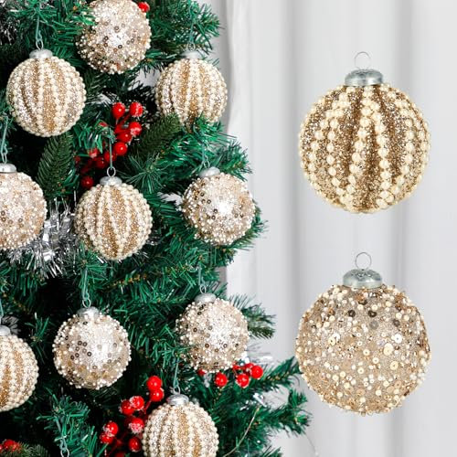 Champagner-Weihnachtsschmuck, 12 Stück Weihnachtskugeln, Glitzer-Perlen, 80 mm, für Urlaub, Party, Heimdekoration