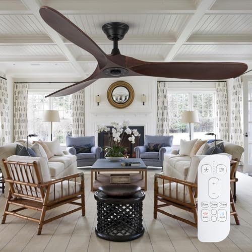 152cm Deckenventilator mit Fernbedienung, 3 Walnussbraune Blätter Deckenventilator, Timer, Sommer-Winterbetrieb, Haus Interieur Exterieur Deckenventilator für Schlafzimmer und Wohnzimmer