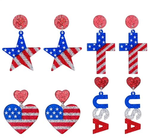 OIDEA USA-Flagge Ohrringe Ohrstecker Set: 4 Paare Damen Ohrstecker mit Anhänger Herz Stern Kreuz 4. Juli Amerika Unabhängigkeitstag Vintage Schmuck Geschenk für Freundin Frauen Mädchen