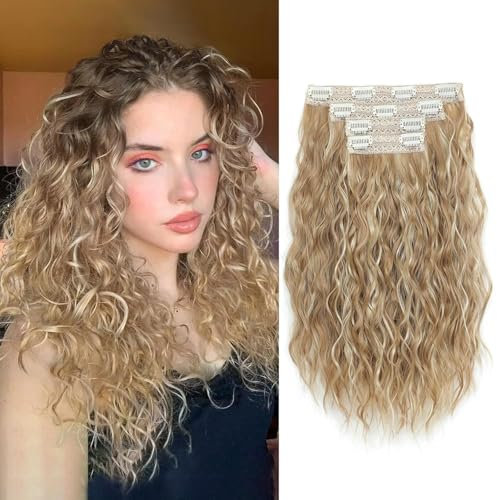 Flyroseing Hair Extensions,4PCS Clip in Hair Extension 14 Blonde Highlights Short Curly Hair Extensions Seamless Lace Weft Natural Soft Mermaid Waves Hairpieces for Women