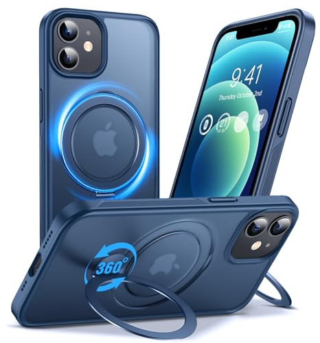 Anqrp 360° ALL-in-ONE Stand Case for iPhone 12/12 Pro Case with Rotatable Magnetic KickStand Ring Holder, Compatible with MagSafe, Shockproof Matte Phone Cover for iPhone 12/12 Pro 6.1 inch, Blue