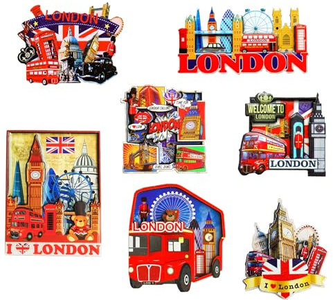 Set of 7 London Wooden Fridge Magnets - Iconic UK England London Landmark Souvenirs
