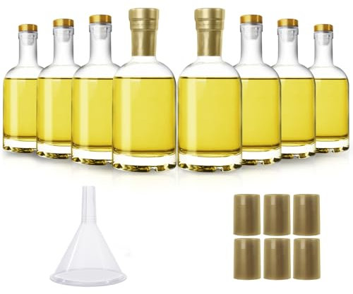 HINGWAH 8 Pack 12oz Glass Bottles with Cork Lids, 375ml Liquor Bottles with T-Top Stopper, Empty Whisky Bottles for Wine, Beverages, Beer, Drinks, Oil, Juices (Shrink Capsules and Funnel Included)