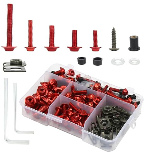 PowerMotor Motorrad Verkleidungsschrauben Set Universal M5 M6 Aluminium Windschutzscheibe 177 teilige Schrauben Montagesätze Unterlegscheiben Muttern Schrauben Sortiment Ersatz für Motorrad (Rot)