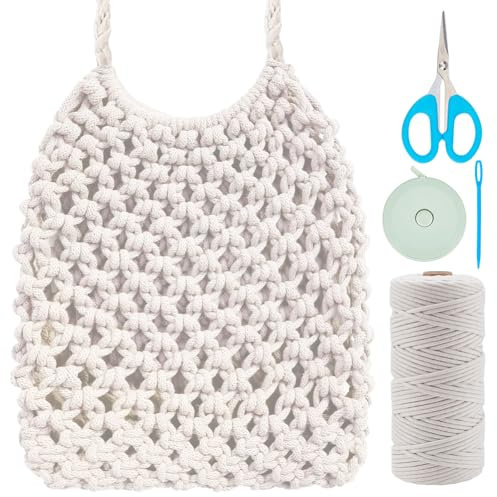 WEBEEDY DIY Makramee Taschen Set Cotton Cord Net Umhängetasche Set Mit 3mm X 100m Geflochtenem Baumwollseil Und Video Anleitung Macrame Taschen Kits Für Frauen Für Den Sommerurlaub Am Strand