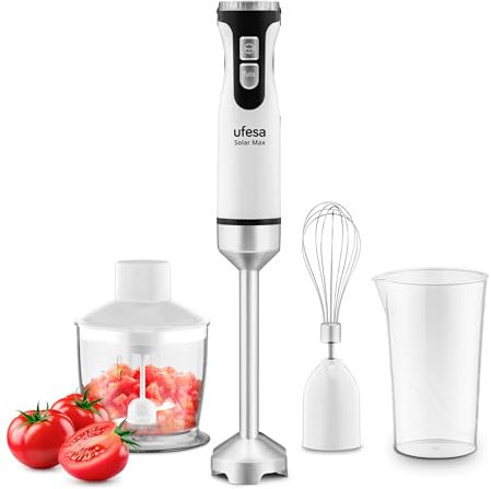 Ufesa Solar Max Mixeur Plongeant, Puissance 1200W, 12 Vitesses + TURBO, 4 Lames en Acier Inoxydable, Design Ergonomique et Anti-éclaboussures, Accessoires Inclus, Sans BPA, Blanc