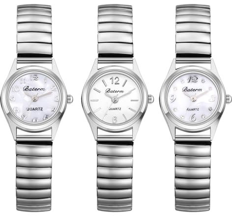 JewelryWe Damenuhr Kleine Elastische Uhren: 3er Set Exquisite Analog Quarz Armbanduhr Damen Silber Edelstahl Stretcharmband Lässige Uhr mit Zugarmband & großen Zahlen
