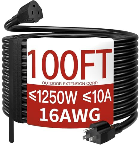Skrizcable Cavo di prolunga per esterni 16/3 100 piedi impermeabile resistente alle intemperie e ignifugo, nero cavo di alimentazione a 3 poli per esterni per prato e giardino, 10