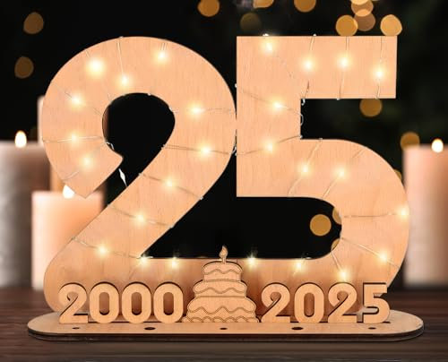 Giftota 2025 Original 25º Regalo de Cumpleaños Mujeres y Hombres - Libro de Visitas de Madera con Luces LED - Número 25 Decoraciones de Madera - 25 Años Regalo de Dinero de Madera - Regalo Creativa