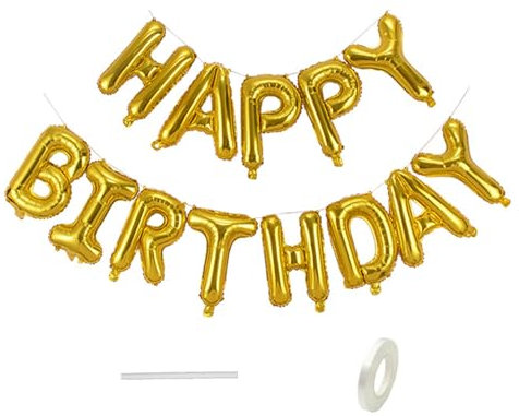 Diffaxy Golden Happy Birthday Luftballon, 16 Zoll Happy Birthday Folienballon Luftballon Geburtstagsballon mit Band für Jungen, Mädchen und Erwachsene, Geburtstagsdekorationen und Party