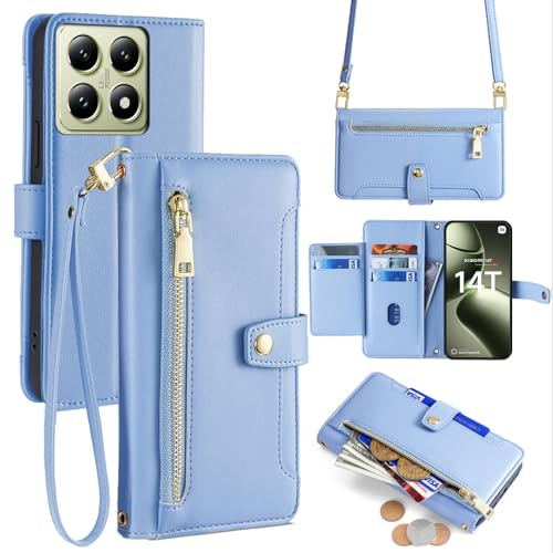 betterfon Handykette kompatibel mit Xiaomi 14T | Leder Handyhülle mit Kartenfächern | Handyhülle zum Umhängen | Hellblau