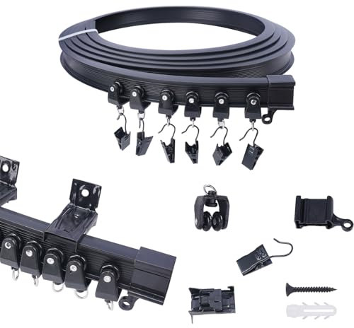 FOGAWA 3m Vorhangschiene wandmontage mit 24Vorhangklammern, Wandvorhangschiene, Flexible Gardinenschiene, Wandschiene für Duschvorhangstange/Raumteiler, Vorhangschienensystem mit Wandhalterung Schwarz