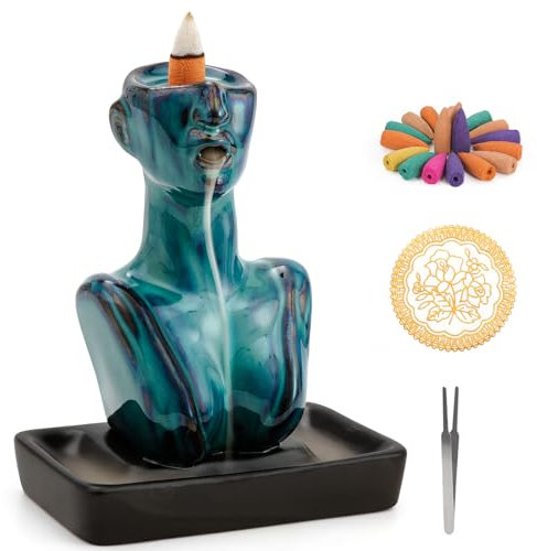 Qaixwuyi Bruciatore Incenso Riflusso Porta Incenso per Coni e Bastoncini Incenso Incense Burner Ceramica per Meditazione Yoga Aromaterapia Decorazioni per Casa Ufficio Blu