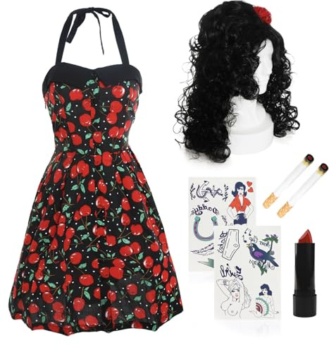 Damen 00er Jahre Sänger Kostüm - Small/Medium - Rockabilly Kleid, Schwarze Bienenstock Perücke, Roter Lippenstift, Fake Zigaretten und Tattoo Set - Erwachsene Noughties Musik Fasching Kostüm Zubehör