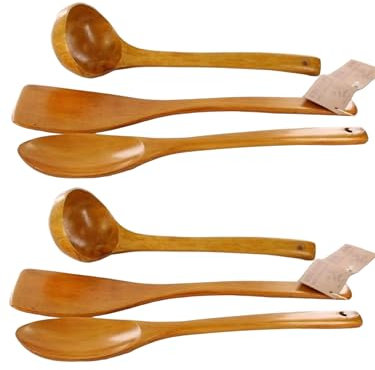 Wooden Kitchen Utensils Natural Cooking Spoons Set for Non-Stick Skillet Utensils for Cooking with Soup Ladle & Wok Spatulas Salad Spoon for Cooking- 6 Packs