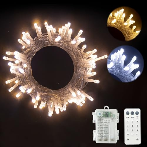 GHJ LED Battery Operated Remote Control Rainproof String Fairy Twinkle Lights,Dual Color Changing White/Warm Indoor/Outdoor for Christmas Tree Xmas Garden Party (White-Warm, 100LEDs)
