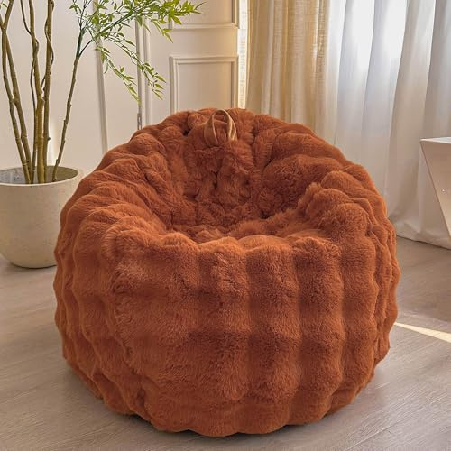 LIFEREVO 3FT Fluffy Faux Rabbit Fur Bean Bag Cover, No Filler, Burnt Orange | Soft Bubble Stuffed Bean Bag Storage for Bedroom Living Room, Washable Decorative Plush Furry Beanbag Chair Cover, Anti-slip