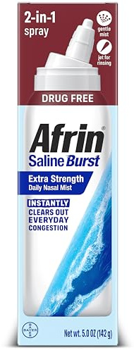 Afrin Saline Burst Extra Strength Daily Nasal Mist, Nose Spray for Everyday Congestion Relief, Hypertonic Seawater Saline Nasal Spray with Dual Nozzle, Drug Free Sinus Rinse, 5 oz
