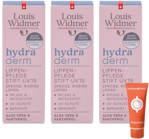 Louis Widmer hydraderm Lippenpflege Stift UV 15, 3x 4,5 ml I Beruhigende Pflege bei spröden Lippen I mit Aloe Vera, Panthenol & LSF 15 I vegan, ohne Mikroplastik I Spar-Set plus Pharma Perle give-away