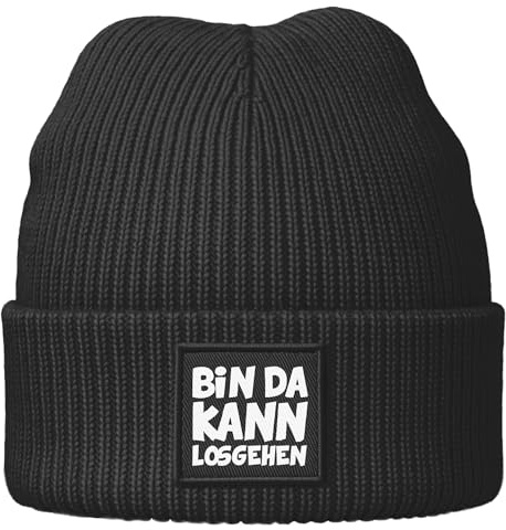 MoonWorks® Damen Beanie mit Spruch Bin da kann losgehen Statement Wintermütze Feinstricke Patch Bedruckt Streewear Accessoire
