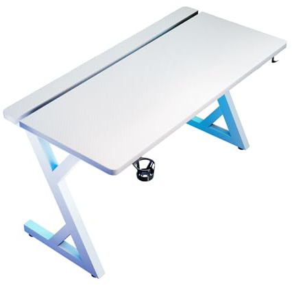 Saihony Gaming Desk Z-Frame, Carbon Fiber Pattern Computer Table for Home Office, Black Metal Frame with Cup Holder, Large Surface for Gaming Setup (White, 47.24)