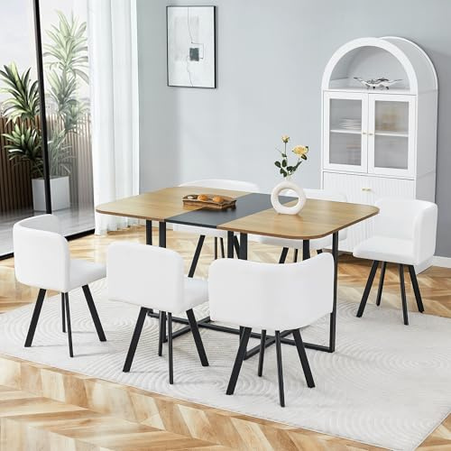 JUFU Esstisch mit 6 Stühlen, Essgruppe Set für 6 Personen, Küchentisch mit stühlen 6er Set Weiß Kunstleder modern für Esszimmer & Restaurant, Metallgestell, Holzoptik-Schwarz