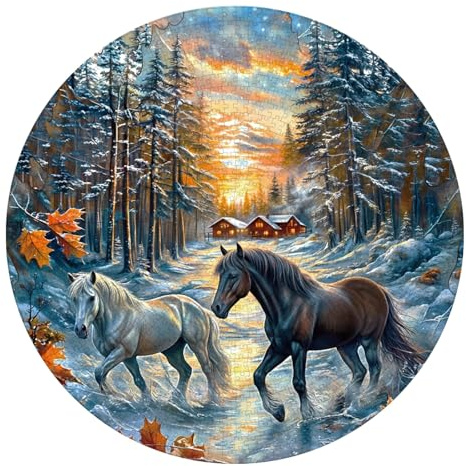 KaayeeWood Puzzle 1000 Teile,Puzzles für Erwachsene Winter des Hengstes Klassische Runden Puzzles, Puzzlespiele für Die Ganze Familie, Home Decor und Geschenkide(67.5 * 67.5cm)