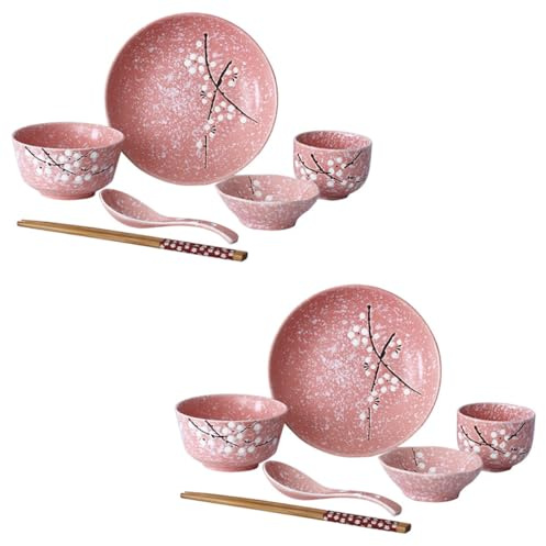 HOMSFOU Ensemble Vaisselle Japonaise 12 Pièces Rose en Céramique, Kit Couverts Maison, Bols, Assiettes, Tasses, Cuillères et Baguettes, Service de Table Ménager Polyvalent